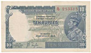 George VI, Rupees 10, 1st issue, 1938, signed J. B. Taylor, (J&R 5.1). Very Fine+, Scarce.