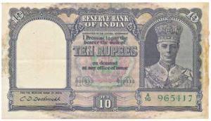 George VI, Rupees 10, 2nd issue, 1944, signed C. D. Deshmukh, (J&R 6.1). Paper stuck on ri