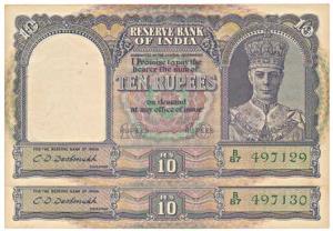 George VI, Rupees 10, 2nd issue, 1944, signed C. D. Deshmukh, 2 consecutive numbers (J&R 6