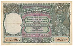 George VI, Rupees 100, 1st issue 1938, Karachi, signed J. B. Taylor, profile head watermar