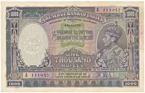 George VI, Rupees 1000, 1st issue, 1938, Calcutta, signed J. B. Taylor, (J&R 8.1B). About 