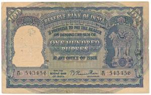 Rupees 100, 1950, signed B. Rama Rau, value written in English only, prefix H signifies Ca