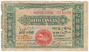 Oito (Eight) Tangas, 2nd issue, 1917, Banco Nacional Ultramarino, red colour seal 2, conta