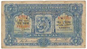 Uma (One) Rupia, 4th issue, 1929, Banco Nacional Ultramarino, red overprint ’Decreto No. 1