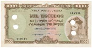 Indo-Portuguese, 1000 Escudos, 1959, Banco Nacional Ultramarino (J&R 40.1). Cancellation h