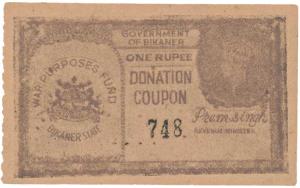 Bikaner Donation Cupon, a look alike of a 1 Rupee note of the period, with the portrait of