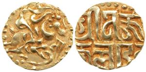Kalachuris of Ratnapura, Jajjalla Deva (AD 1160-1168), Base Gold Dinar, 3.73g, a tiger mou