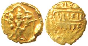 Vijayanagar, Venkata Raya II, Gold ½ Pagoda, 1.72 g, Tirupati Balaji on obv.; crude Nagari
