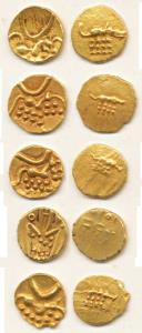Veera Raya, Coorg Gold Fanam (5), obv. stylized lion standing right with crescent above; r
