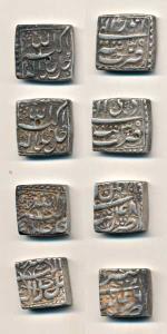 Akbar, Silver Square Rupee (4), Tatta Mint, Ilahi type, Months, Di, Azar, Bahaman and Ardi