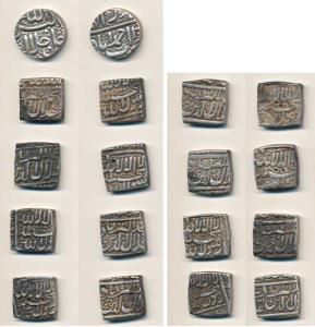 Akbar, Silver Square Rupee (8), mint name off flan, AH 995, 997, 998, 999 and 1001; the la