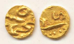 Muhammad Shah (1719-1748 AD), Gold ½ Fanam, Kharpa Mint, complete mint name visible, (this