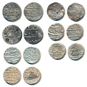 Muhammad Shah, Silver Rupee (7), Arkat, Akbarabad Mustaqir ul-Khilafat, Burhanpur Dar-ul-S