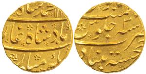 Muhammad Shah, Gold Mohur, 10.92g, Khujista Bunyad Mint, complete mint at bottom, AH 11XX/
