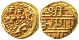 Krishna Raja Wodeyar (1810-1868 AD), Gold Pagoda, 3.4g, Shiva and Parvati on obv., rulers 