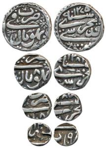 Sikandar Begum, set of 4 Silver Rupee, 1/2, ¼ and 1/8, Bhopal Mint, AH 1275/6. Very Fine+,