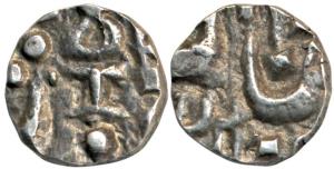Gaja Shahi series, Silver 1/16 Rupee, 0.7g, in the name of Shah Alam II. Extremely Fine, R