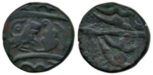 Copper Paisa, 13.76g, lion facing palm branch on obv., legend in retrograde on rev. Very F