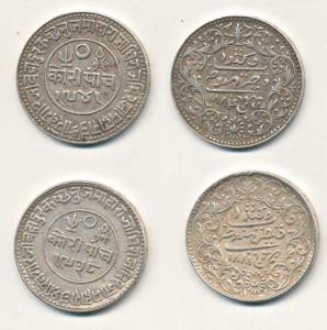 Khengarji III, Silver 5 Kori (2), in the name of Victoria, VS 1941/1884 AD and VS 1938/188