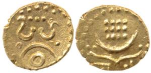 Bala Rama Varma I, Gold Anantaraya 2 Fanams, leaf spray, crescent on the rev. Extremely Fi