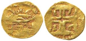 Goa, John V, Gold Xerafim, 0.46g, date 1716 AD in angles of cross on obv., crowned arms on