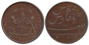 Copper 5 Cash, 4.3g, Heavy weight, coat of arms of the EIC on obv., 1803. Impaired Proof, 