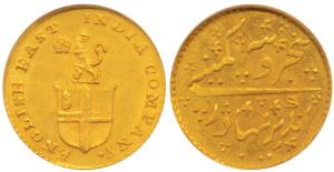 Gold Rupees 5 (1/3 Mohur), 3.86g, company arms on obv. with a lion holding the crown, ND, 