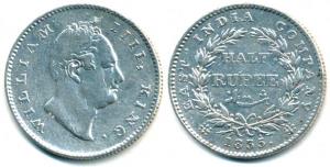 William IV, Silver ½ Rupee, 1835, obv. RS incused / 21 Berries. Fine, Rare.