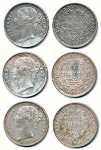 Victoria Queen, Silver Rupee (3), 1840, divided legend, obv. WW raised, rev. 28 Berries. A