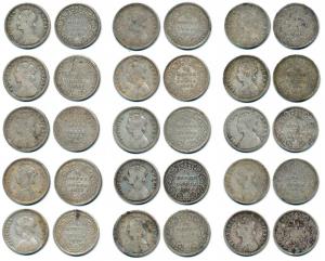 Victoria Queen / Victoria Empress, Silver ¼ Rupee, 1862 (2), 1875, 1876 (6), 1877, 1887 (2