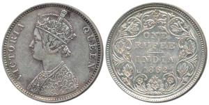 Victoria Queen, Silver Rupee, 1862, A / II / 0 / 10 dots. About Extremely Fine, Scarce.