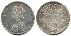Victoria Queen, Silver Rupee, 1862, A / II / 0 / 10 / dots. Very Fine+.