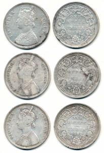Victoria Queen, Silver Rupee (3), 1862, A / II / 0 / 7 / dots. Fine to Fine+. (3)