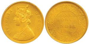 Victoria Queen, Gold Mohur, 1862, young bust, Calcutta Mint, (KM Y15). Slabbed in PCGS hol