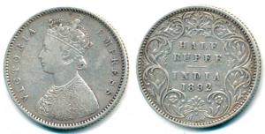 Victoria Empress, Silver ½ Rupee, 1892, A / I / B incused. Fine+.