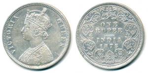 Victoria Queen, Silver Rupee, 1875, A1 / No mint mark. Fine to Very Fine.
