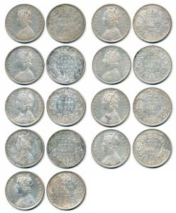 Victoria Empress, Silver Rupee, 1877, A / 2 / II / dot, 1882, A / 3 / I / dot, 1884, A / 3
