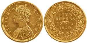 Victoria Queen, Gold Rupees 5, 1870, Calcutta Mint, (Prid 36). Proof Restrike, Slight wear