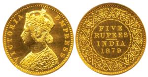 Victoria Empress, Gold Rupees 5, 1879, Mature Bust, Bombay Mint, (Prid 44). Proof Restrike