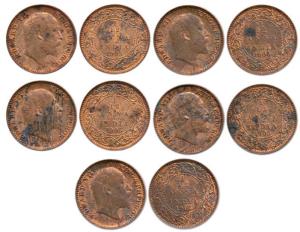 Edward VII, Copper 1/12 Anna (5), 1905, 1907, 1908, 1909 and 1910. Extremely Fine, Rare. (