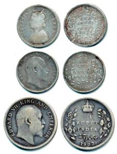 Edward VII, Silver ¼ Rupee, 1903 and 2 Annas, 1906; Victoria Queen, Silver 2 Annas, 1875. 
