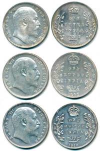 Edward VII, Silver Rupee, 1904, 1908, 1910. Extremely Fine. (3)