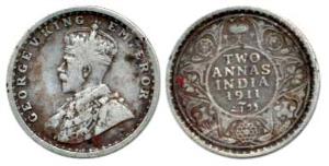 George V, Silver 2 Annas, 1911, Calcutta Mint. About Very Fine, Rare.