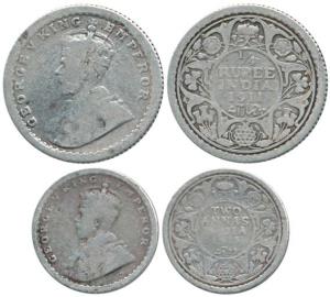 George V, Silver 2 Annas and ¼ Rupee, 1911, Calcutta Mint. Fine+, Scarce. (2)