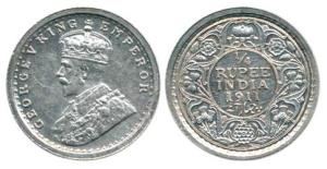 George V, Silver ¼ Rupee, 1911, Calcutta Mint. Extremely Fine, Rare.