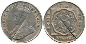 George V, Cupro-Nickel 8 Annas, 1920, Bombay Mint. A cut across the flan to cancel the coi