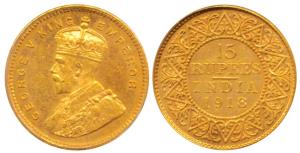 George V, Gold 15 Rupees, 1918, Bombay Mint, (KM 525). Slabbed in PCGS holder graded MS 62
