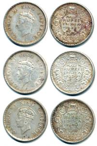 George VI, Silver and Half Silver ½ Rupee, 1938, 1939 and 1940. Very Fine.