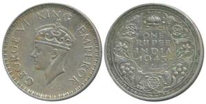 George VI, Silver Rupee, 1943, Large head, Bombay Mint. Very Fine+, Scarce.