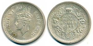 George VI, Half Silver Rupee, 1944, obv. D, rev. I / a / reeded edge. About Extremely Fine